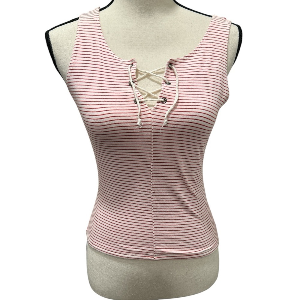 Hollister Pink and White Ribbed Tie Front Tank Top